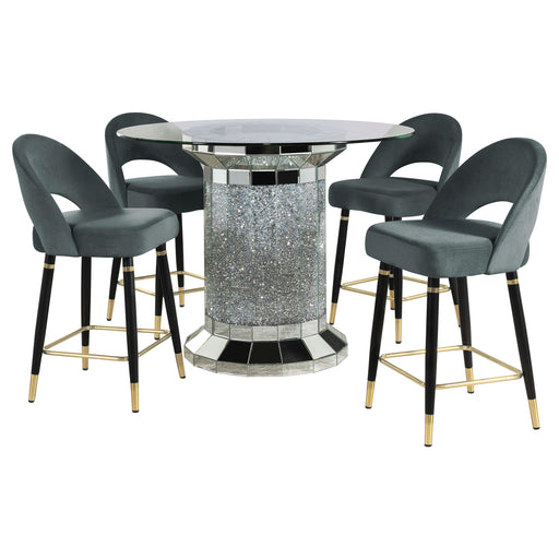 Coaster Ellie Pedestal Counter Height Dining Room Set Mirror and Black Grey