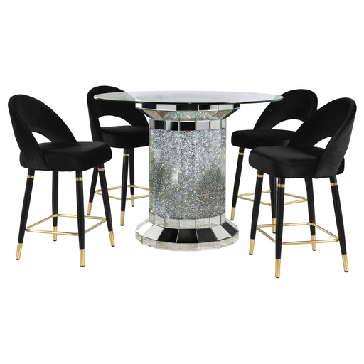 Coaster Ellie Pedestal Counter Height Dining Room Set Mirror and Black Black