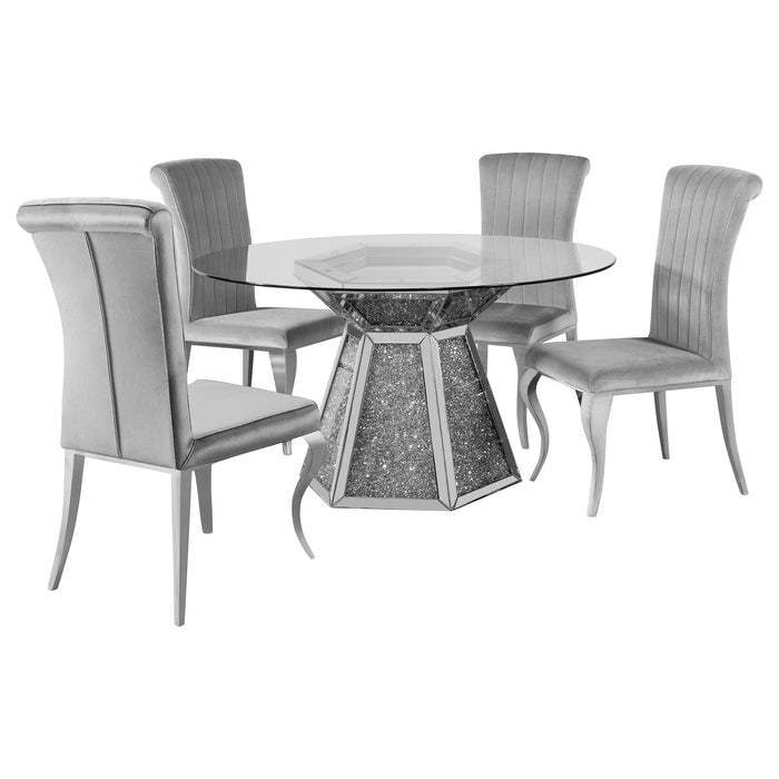 Coaster Quinn Hexagon Pedestal Dining Room Set Mirror and Black Grey