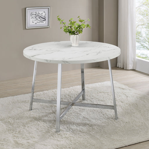 Coaster Alcott Round Faux Carrara Marble Top Dining Table Chrome Default Title