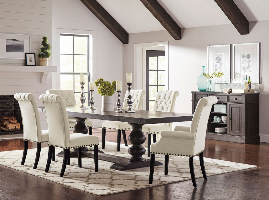 Coaster Phelps Rectangular Trestle Dining Set Antique Noir and Beige Set of 7