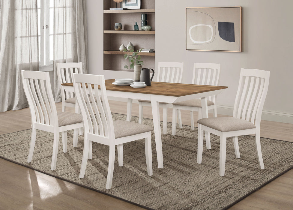 Coaster Nogales Rectangular Dining Table Set Natural Acacia and Off White Set of 7