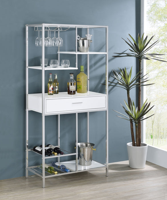 Coaster Figueroa 5-shelf Wine Cabinet with Storage Drawer White High Gloss and Chrome Default Title