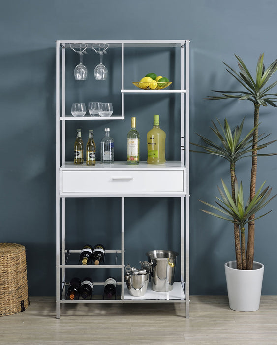 Coaster Figueroa 5-shelf Wine Cabinet with Storage Drawer White High Gloss and Chrome Default Title