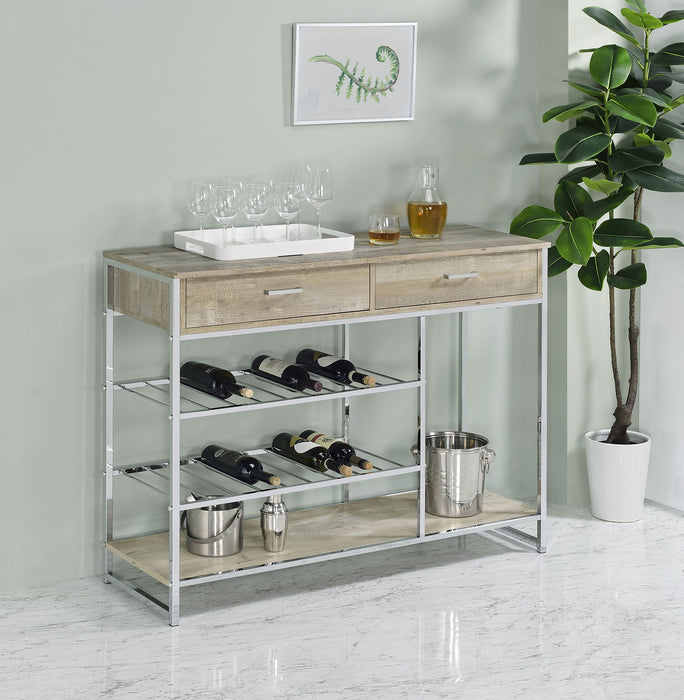 Coaster Melrose 2-shelf Wine Cabinet with 2 Drawers Gray Washed Oak and Chrome Default Title