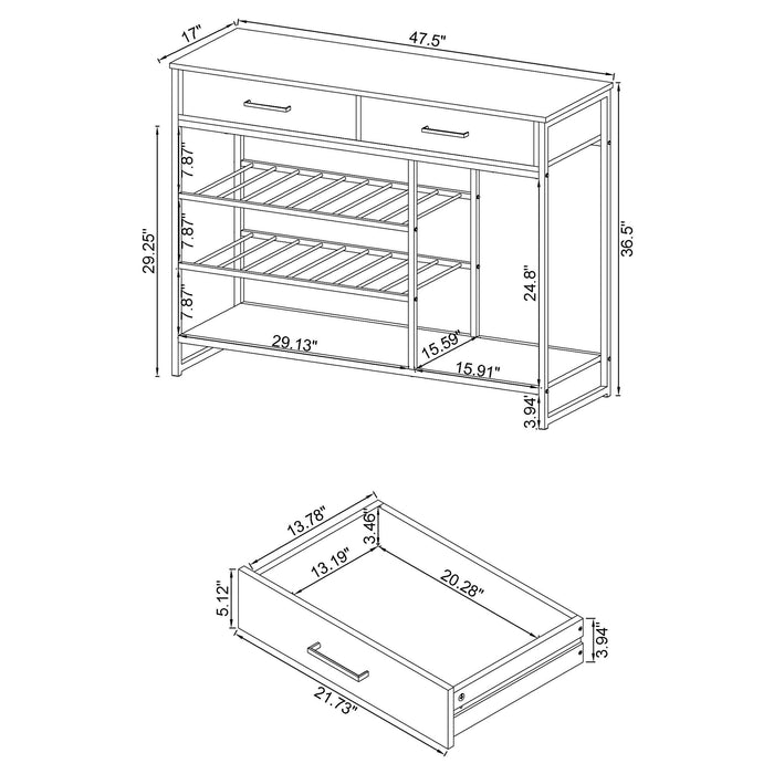 Coaster Melrose 2-shelf Wine Cabinet with 2 Drawers Gray Washed Oak and Chrome Default Title