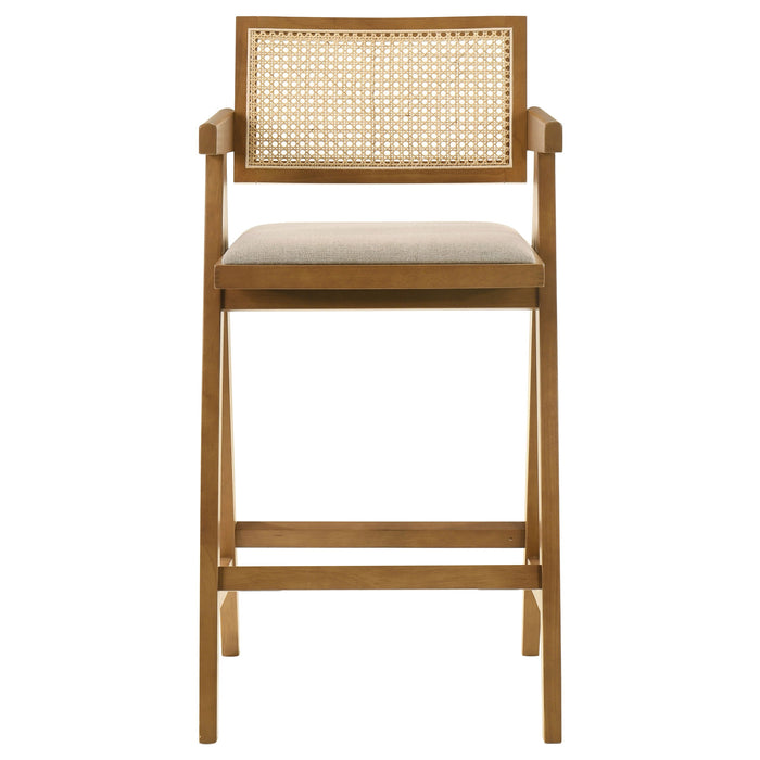 Coaster Kane Solid Wood Bar Stool with Woven Rattan Back and Upholstered Seat Light Walnut (Set of 2) Default Title