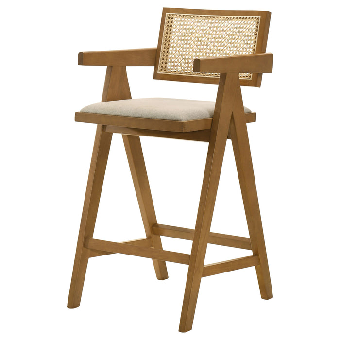 Coaster Kane Solid Wood Bar Stool with Woven Rattan Back and Upholstered Seat Light Walnut (Set of 2) Default Title