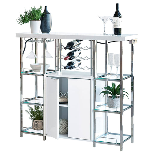 Coaster Gallimore 2-door Bar Cabinet with Glass Shelf High Glossy White and Chrome Default Title