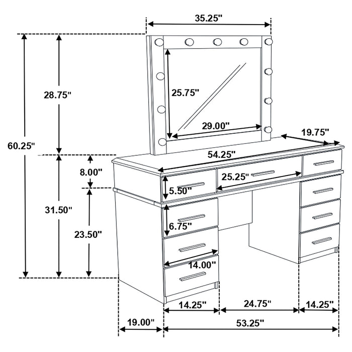 Coaster Felicity 9-drawer Vanity Desk with Lighted Mirror Glossy White Default Title