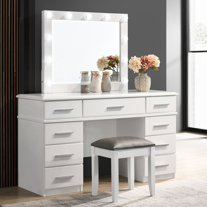 Coaster Felicity 9-drawer Vanity Desk with Lighted Mirror Glossy White Default Title