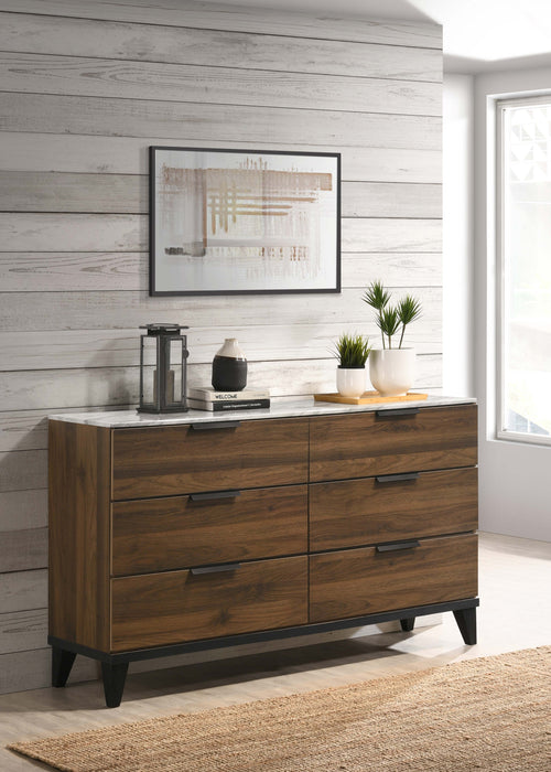 Coaster Mays 6-drawer Dresser with Mirror Walnut Brown with Faux Marble Top No Mirror