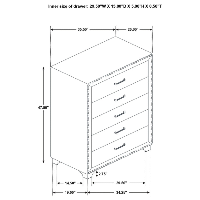 Coaster Melody 5-drawer Upholstered Chest Grey Default Title