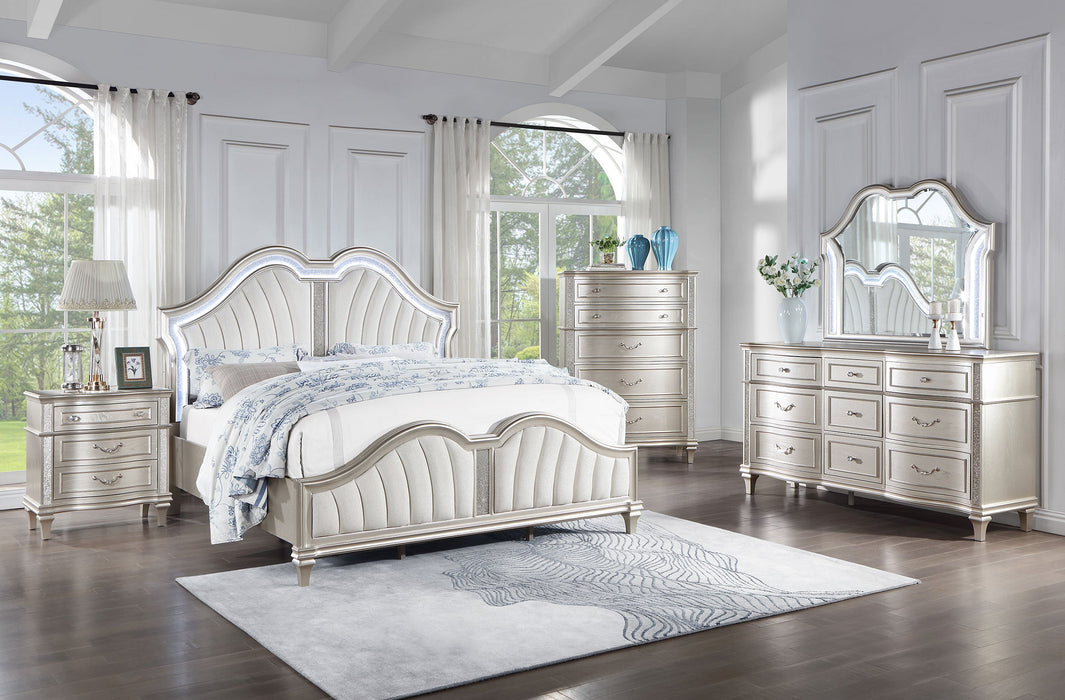 Coaster Evangeline Upholstered Platform Bedroom Set Ivory and Silver Oak Eastern King Set of 5