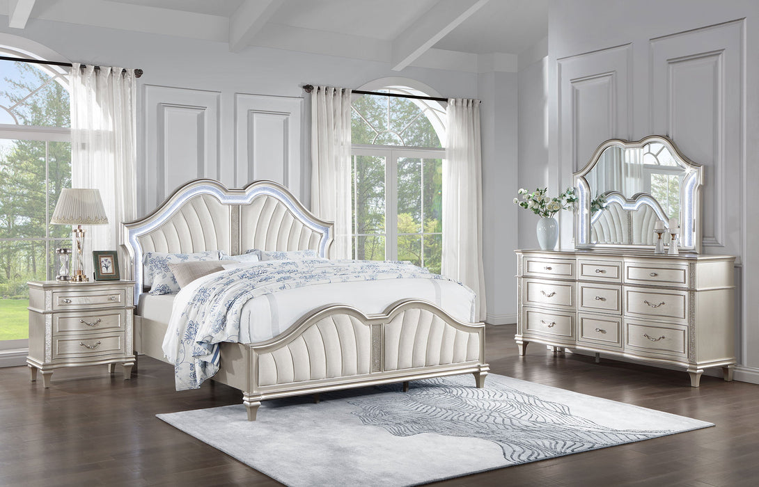 Coaster Evangeline Upholstered Platform Bedroom Set Ivory and Silver Oak Cal King Set of 4