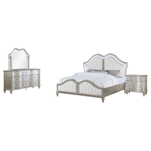 Coaster Evangeline Upholstered Platform Bedroom Set Ivory and Silver Oak Queen Set of 4