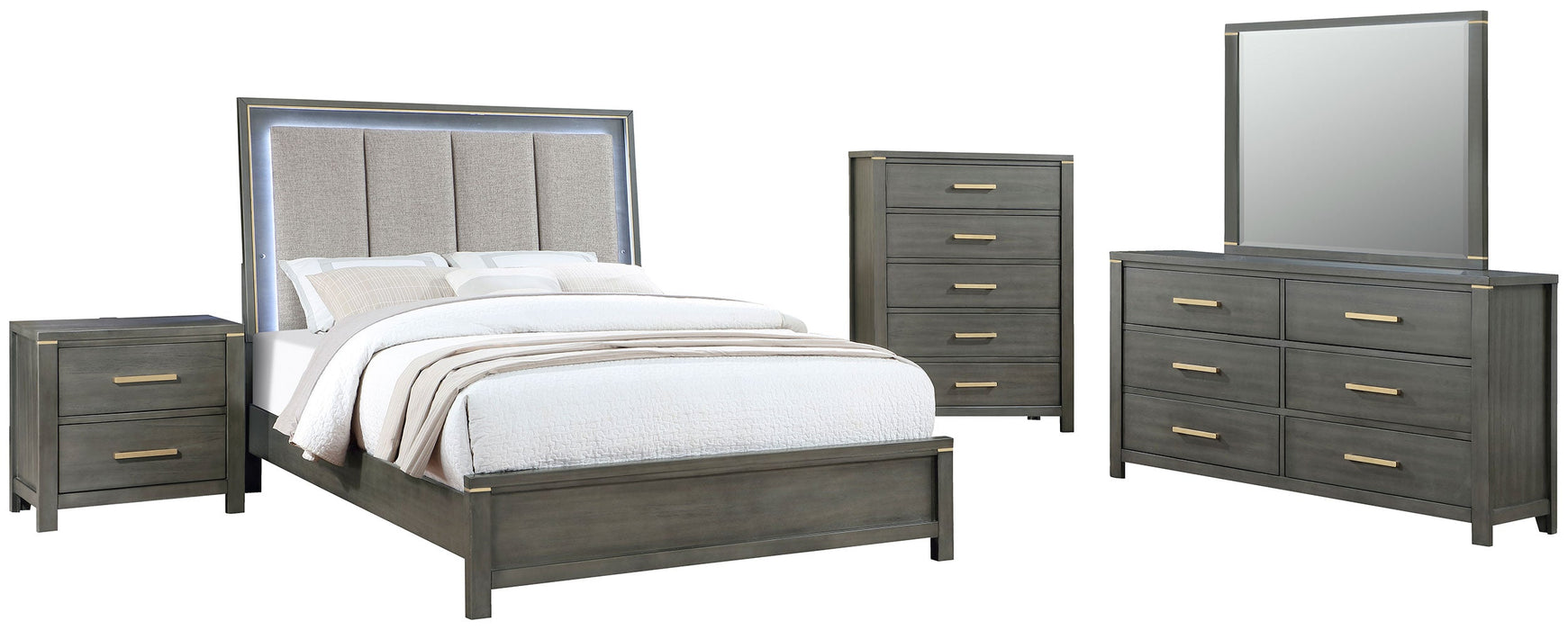 Coaster Kieran Bedroom Set with Upholstered LED Headboard Grey Eastern King Set of 4