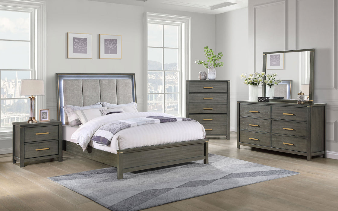 Coaster Kieran Bedroom Set with Upholstered LED Headboard Grey Cal King Set of 5