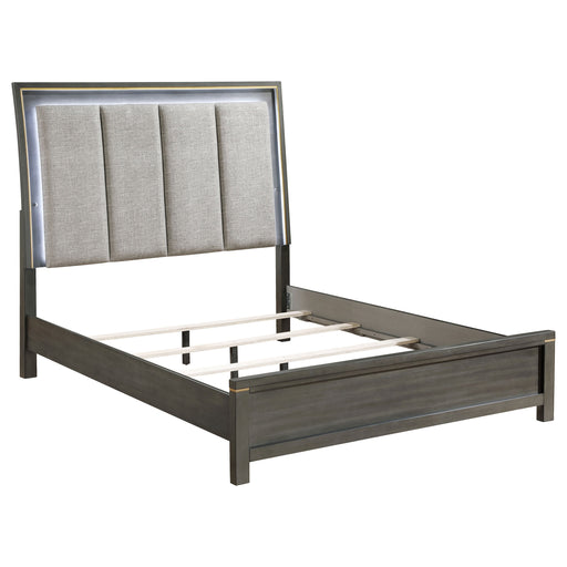 Coaster Kieran Panel Bed with Upholstered LED Headboard Grey Eastern King