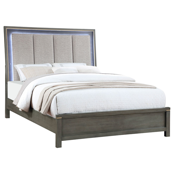 Coaster Kieran Panel Bed with Upholstered LED Headboard Grey Cal King