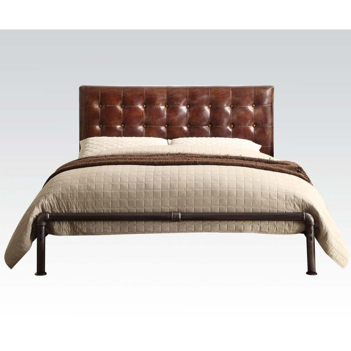 Brancaster Upholstered Top Grain Leather Queen Bed with Tufted Headboard