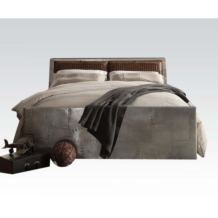 Brancaster Upholstered Top Grain Leather Queen Bed with Storage Headboard