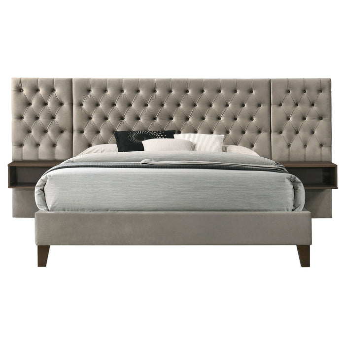 Coaster Marley Upholstered Platform Bed with Headboard Panels Light Brown King