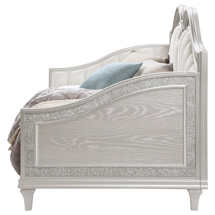 Coaster Evangeline Upholstered Twin Daybed with Faux Diamond Trim Silver and Ivory Default Title