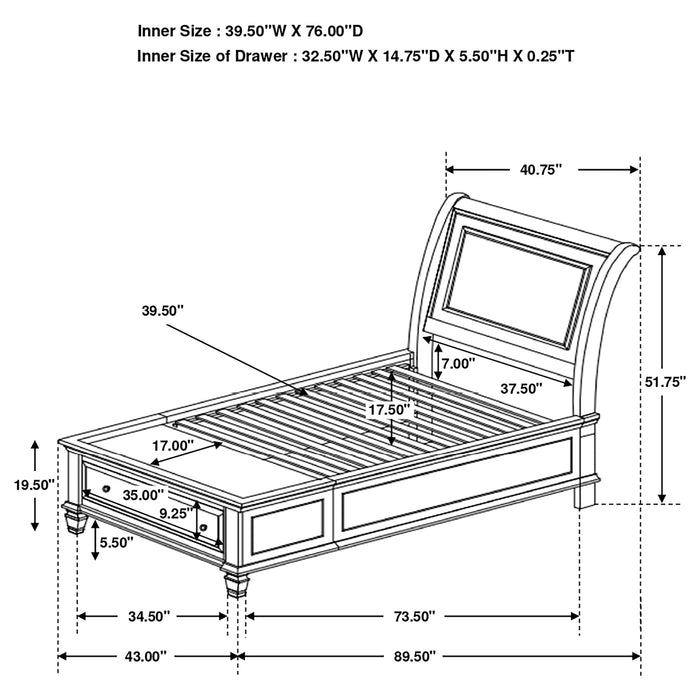 Coaster Selena Twin Sleigh Bed with Footboard Storage Cream White Full