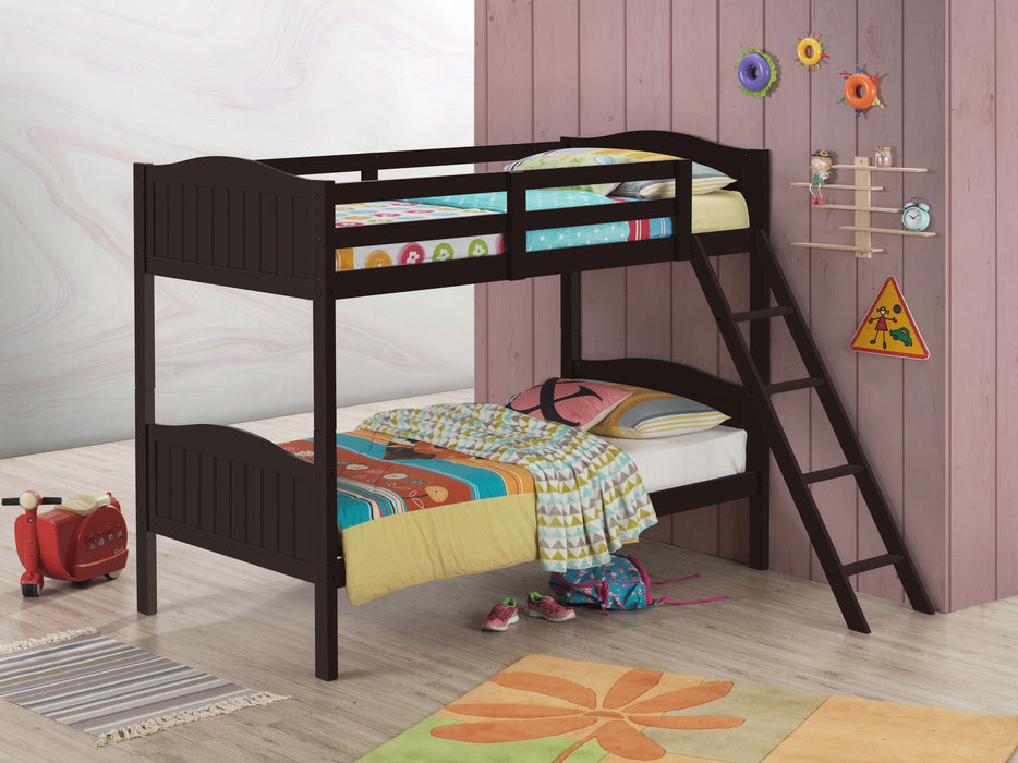 Coaster Arlo Twin Over Twin Bunk Bed with Ladder Espresso Grey With Bench