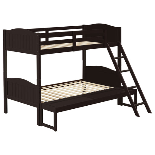 Coaster Arlo Twin Over Twin Bunk Bed with Ladder Espresso Brown With Bench