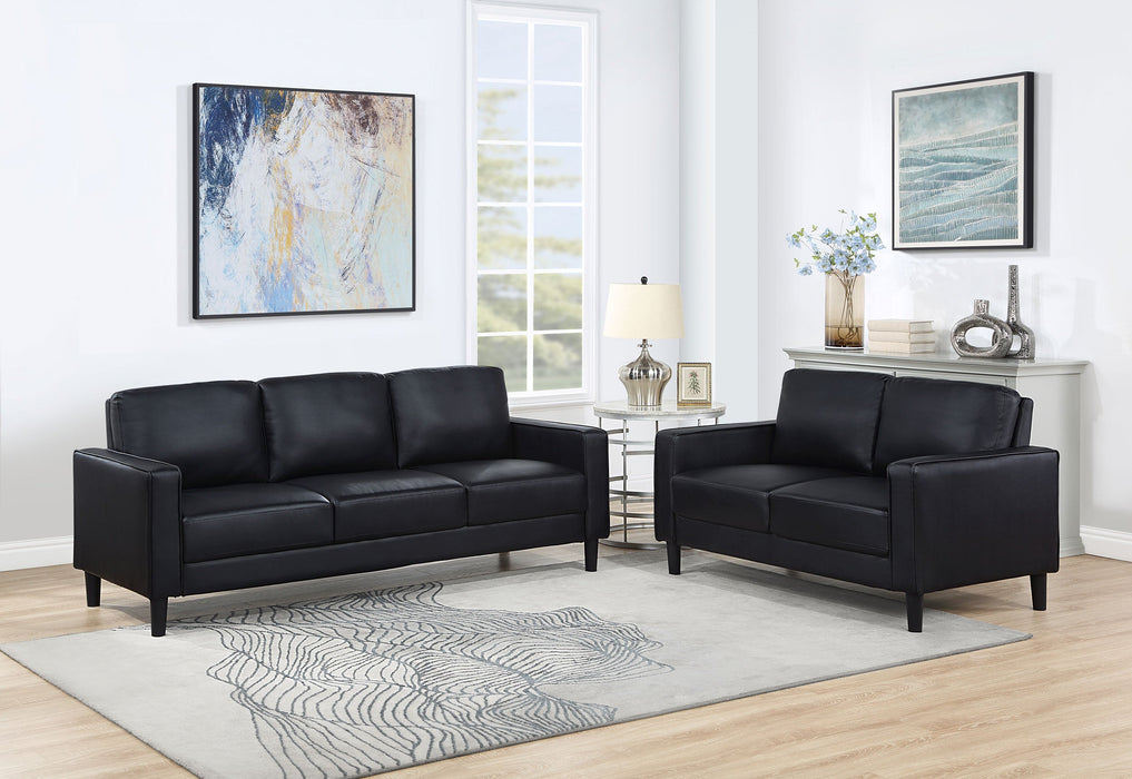 Coaster Ruth 2-piece Upholstered Track Arm Faux Leather Sofa Set Black Sofa+Loveseat