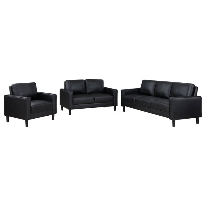 Coaster Ruth 2-piece Upholstered Track Arm Faux Leather Sofa Set Black Sofa+Loveseat+Armchair