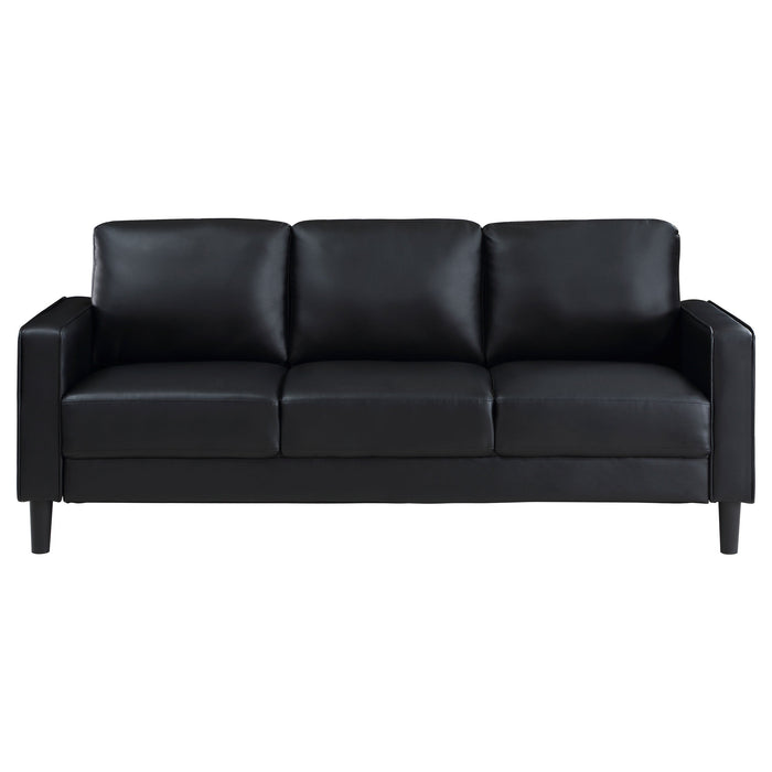 Coaster Ruth 2-piece Upholstered Track Arm Faux Leather Sofa Set Black Sofa+Loveseat+Armchair