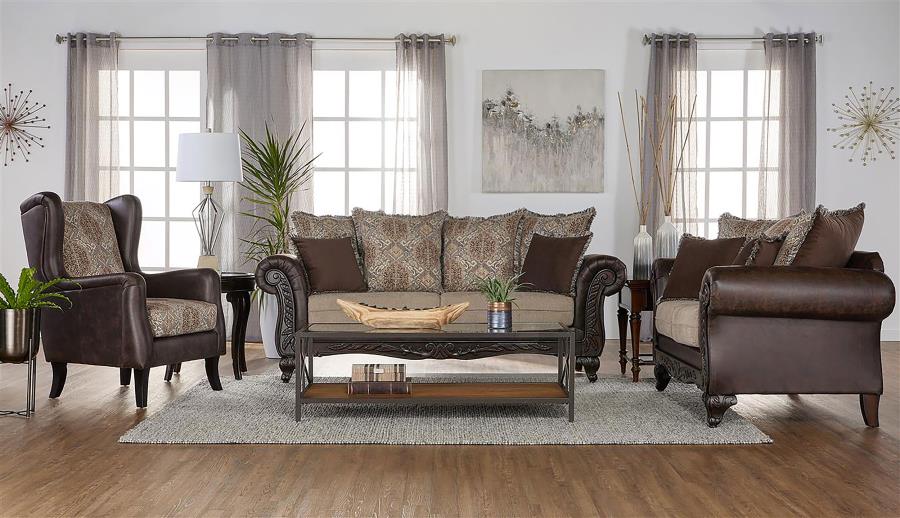 Elmbrook Upholstered Rolled Arm Sofa Set Brown