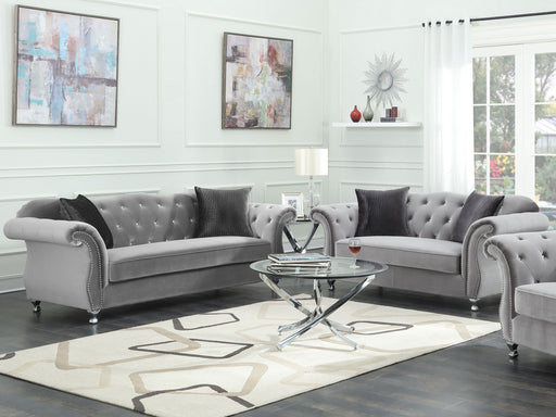 Coaster Frostine Upholstered Tufted Living Room Set Silver Sofa+Loveseat