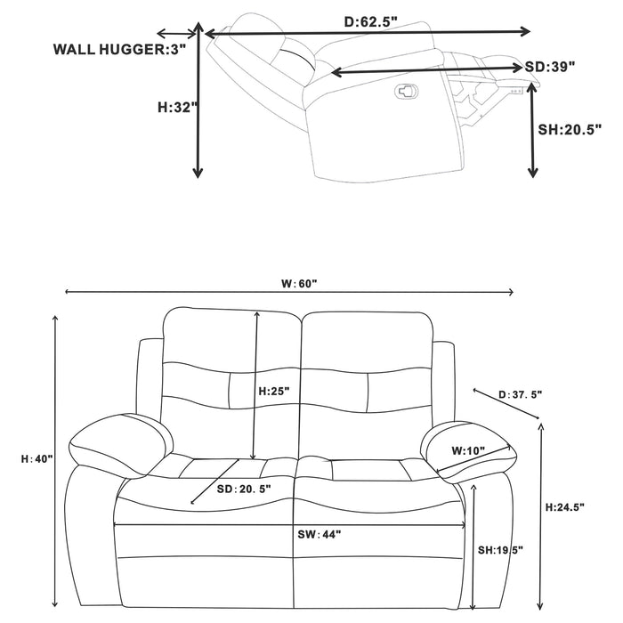 Coaster Nova 2-piece Upholstered Motion Reclining Sofa Set Dark Grey Sofa+Loveseat+Armchair