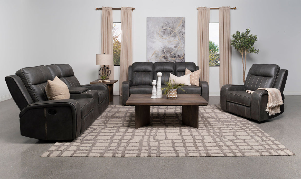 Coaster Raelynn 2-piece Upholstered Motion Reclining Sofa Set Grey Sofa+Loveseat+Armchair