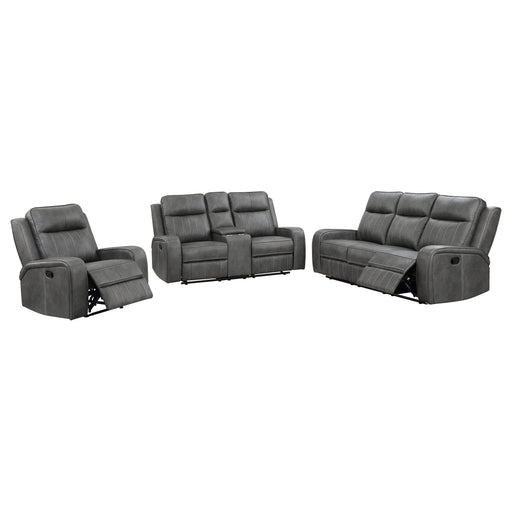 Coaster Raelynn 2-piece Upholstered Motion Reclining Sofa Set Grey Sofa+Loveseat+Armchair