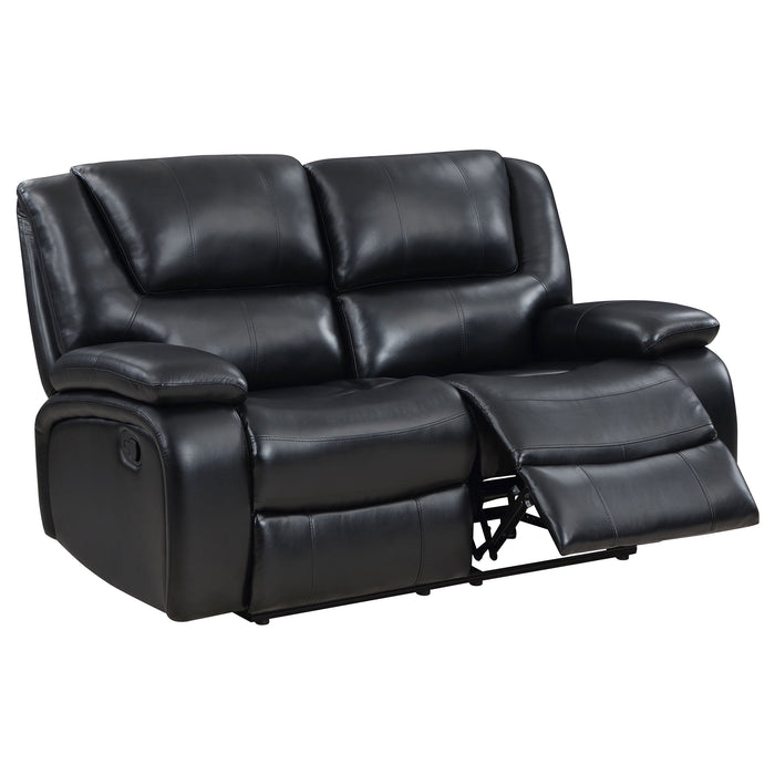 Coaster Camila 2-piece Upholstered Motion Reclining Sofa Set Black Sofa+Loveseat+Armchair