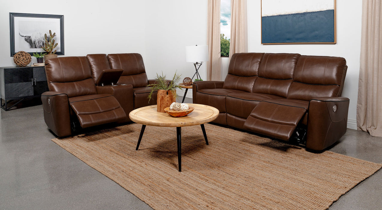 Coaster Greenfield 2-piece Upholstered Power Reclining Sofa Set Saddle Brown Sofa+Loveseat+Armchair