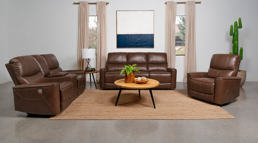 Coaster Greenfield 2-piece Upholstered Power Reclining Sofa Set Saddle Brown Sofa+Loveseat+Armchair