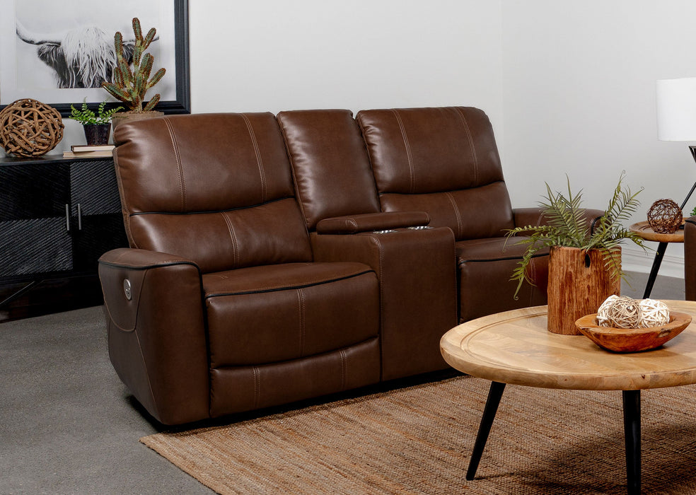 Coaster Greenfield Upholstered Power Reclining Loveseat with Console Saddle Brown Default Title