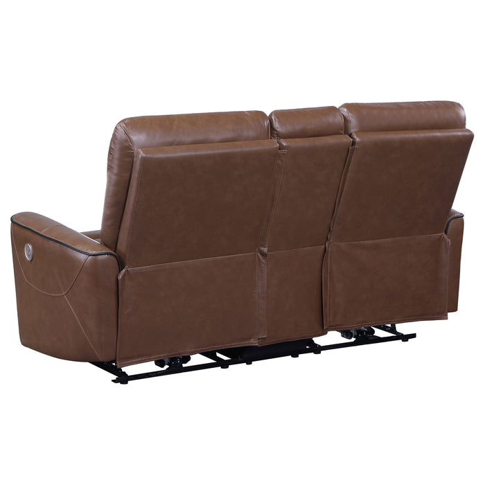 Coaster Greenfield Upholstered Power Reclining Loveseat with Console Saddle Brown Default Title