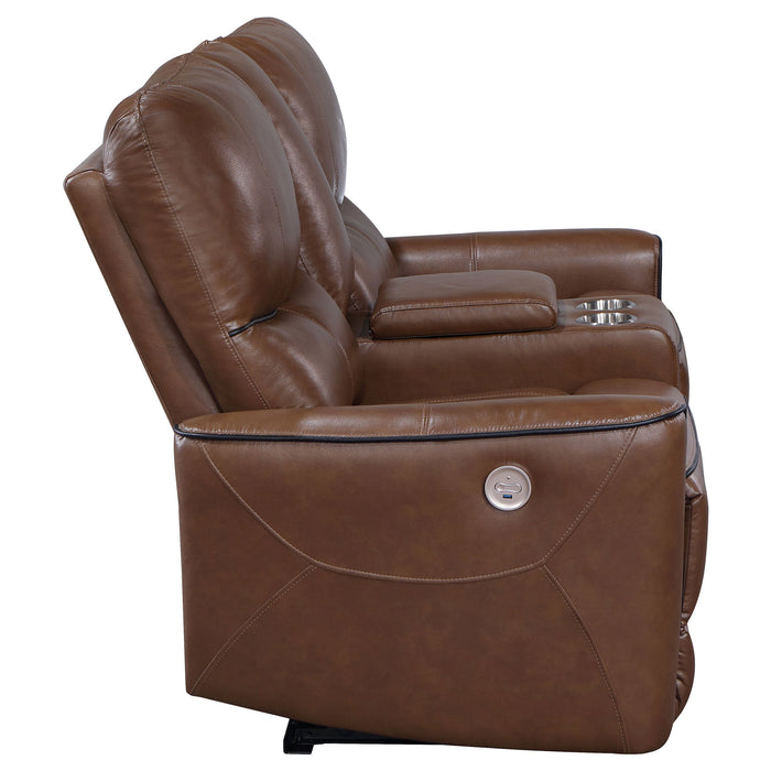 Coaster Greenfield Upholstered Power Reclining Loveseat with Console Saddle Brown Default Title