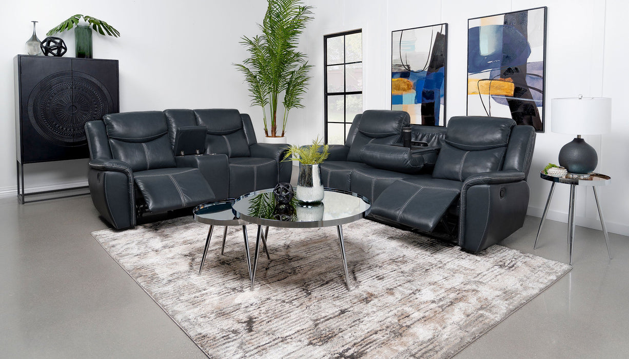 Coaster Sloane 2-piece Upholstered Motion Reclining Sofa Set Blue Sofa+Loveseat+Armchair