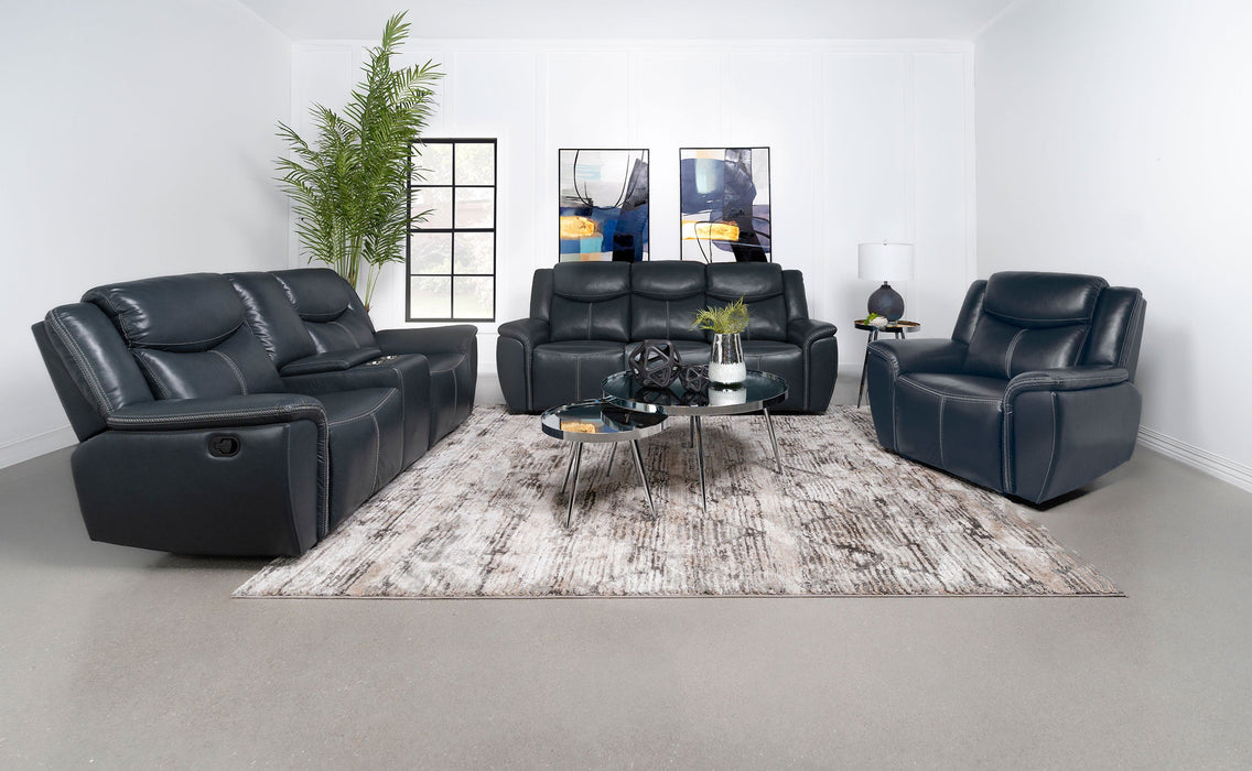 Coaster Sloane 2-piece Upholstered Motion Reclining Sofa Set Blue Sofa+Loveseat+Armchair