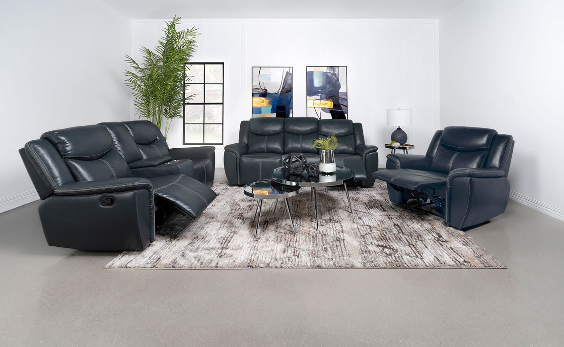 Coaster Sloane 2-piece Upholstered Motion Reclining Sofa Set Blue Sofa+Loveseat+Armchair