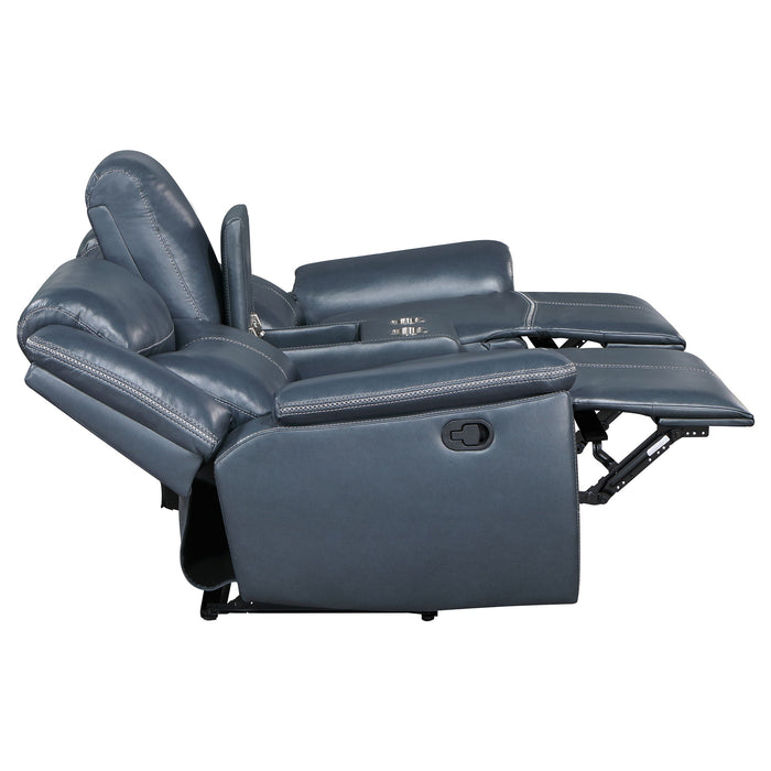 Coaster Sloane Upholstered Motion Reclining Loveseat with Console Blue Default Title