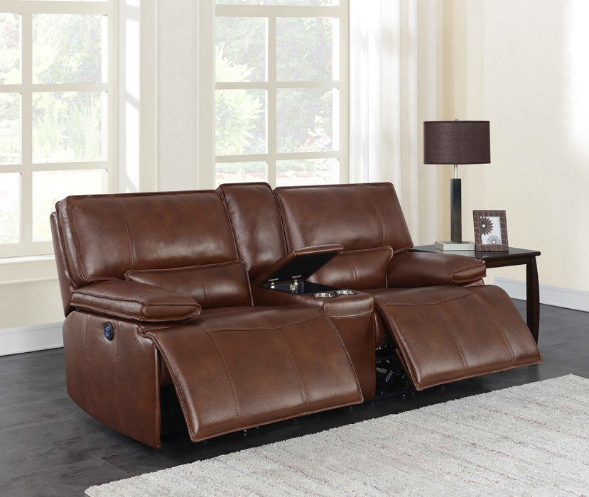 Southwick Pillow Top Arm Power Loveseat with Console Saddle Brown